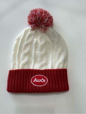 Audi Cable-Knit Pom Beanie in White and Red NWOT